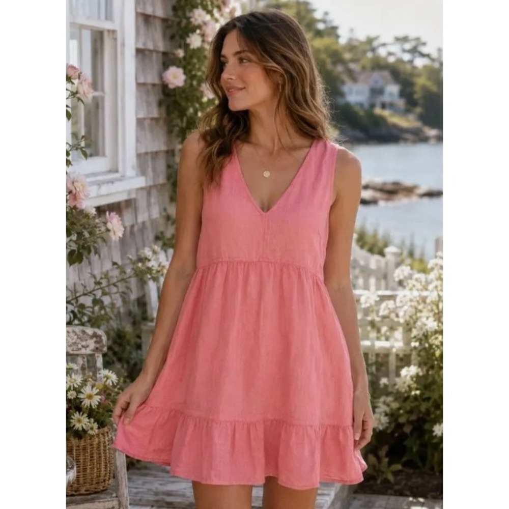 Cynthia Rowley sz L 00% Linen Coral Pink V-Neck Ruffle-Hem Sheath dress O